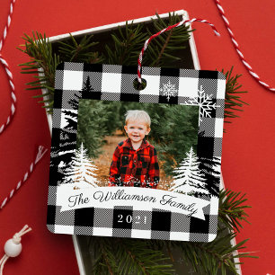 Black Buffalo Plaid Rustic Pine Trees Family Photo Metal Ornament