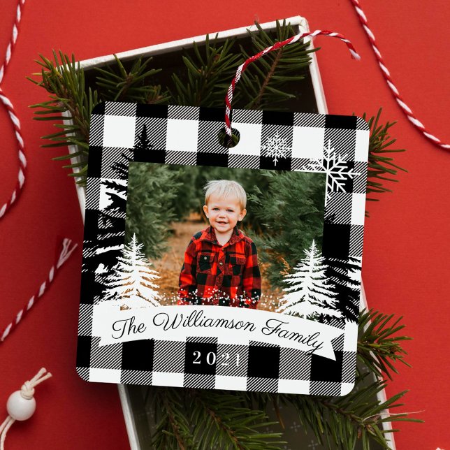 Black Buffalo Plaid Rustic Pine Trees Family Photo Metal Ornament (Black Buffalo Plaid Rustic Pine Trees Family Photo Metal Ornament)
