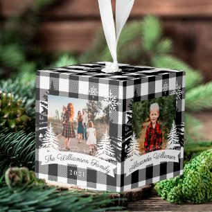 Black Buffalo Plaid Rustic PineTrees Family Photos Cube Ornament