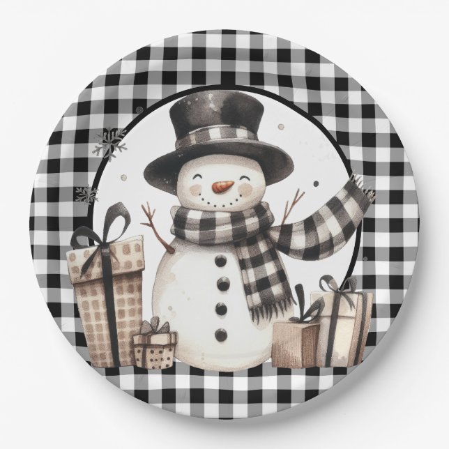 Black Buffalo Plaid Snowman Paper Plates (Front)