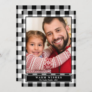 Black Buffalo Plaid Warm Wishes Vertical Photo Holiday Card