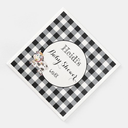 Black Buffalo Plaid with Cartoon Cow Paper Napkins