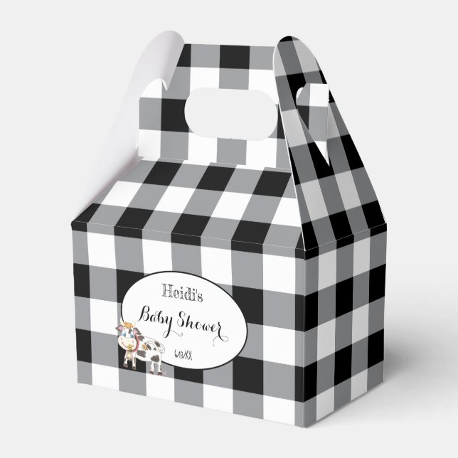 Black Buffalo Plaid with Cute Cow | Baby Shower Favor Boxes (Front Side)
