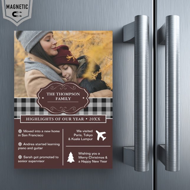 Black Buffalo Plaid Year in Review Christmas Photo Magnetic Invitation (Creator Uploaded)