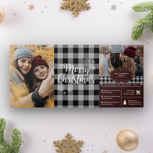 Black Buffalo Plaid Year in Review Christmas Photo Tri_Fold Holiday Card