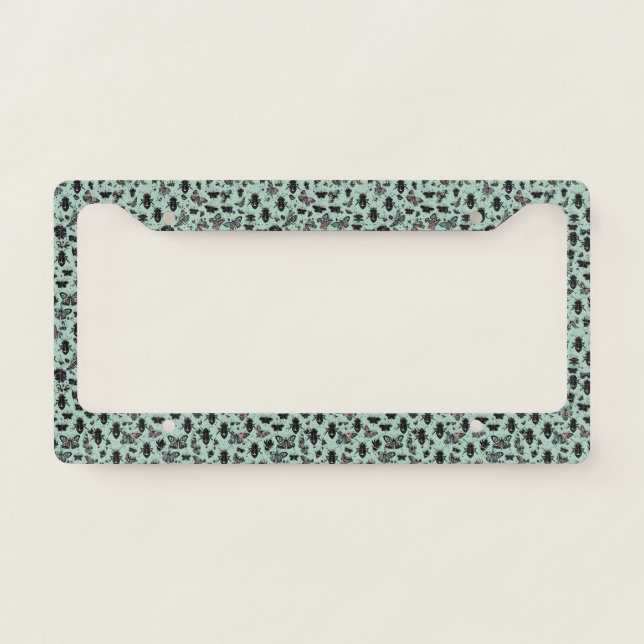 Black Bugs And Insects On A Minty Green Background License Plate Frame (Front)