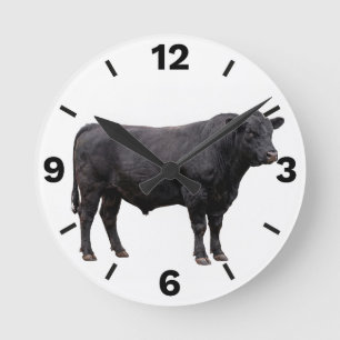 Black Bull Beef Cattle Farm Ranch Rustic Decor Round Clock