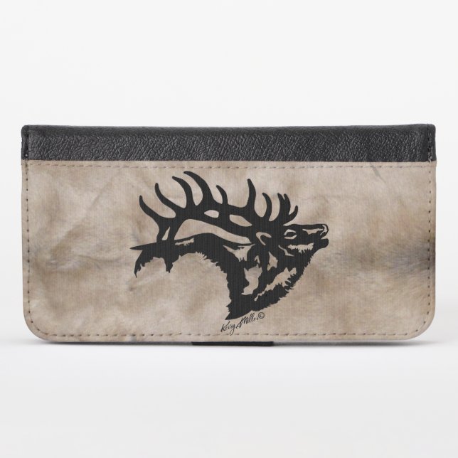 Black Bull Elk On Elk Hide iPhone Wallet Case (Front (Horizontal))