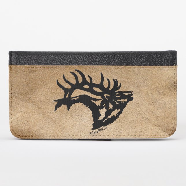 Black Bull Elk On Leather iPhone Wallet Case (Front (Horizontal))