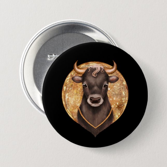 Black bull on gold, cute bull 2021, year of the ox button (Front & Back)