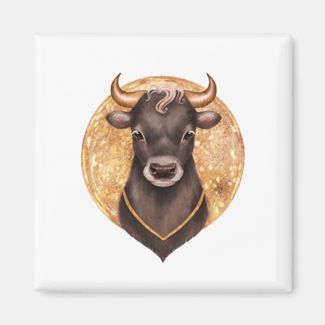 Black bull on gold, cute bull 2021, year of the ox magnet (Front)