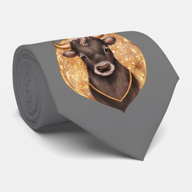 Black bull on gold, cute bull 2021, year of the ox neck tie (Rolled)