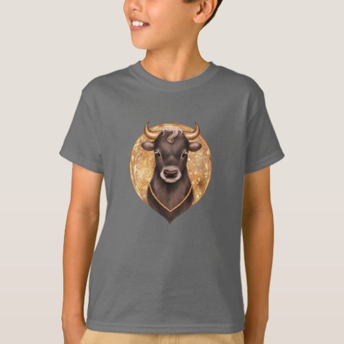 Black bull on gold cute bull 2021 year of the ox T_Shirt