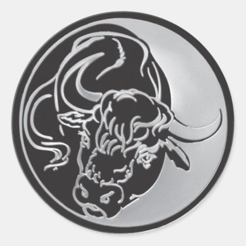 Black Bull Silhouette In Tattoo Style On Silver Classic Round Sticker