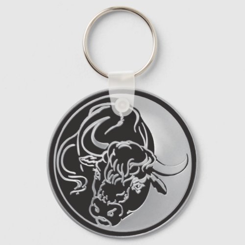Black Bull Silhouette In Tattoo Style On Silver Keychain