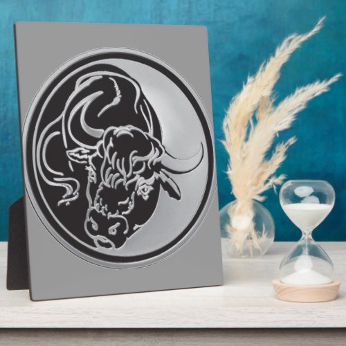 Black Bull Silhouette In Tattoo Style On Silver Plaque