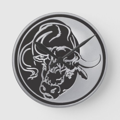 Black Bull Silhouette In Tattoo Style On Silver Round Clock