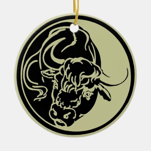 Black Bull Silhouette In Tribal Tattoo Style Ceramic Ornament