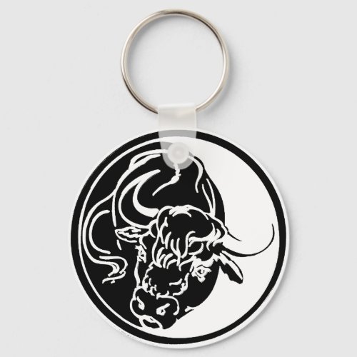 Black Bull Silhouette In Tribal Tattoo Style Keychain