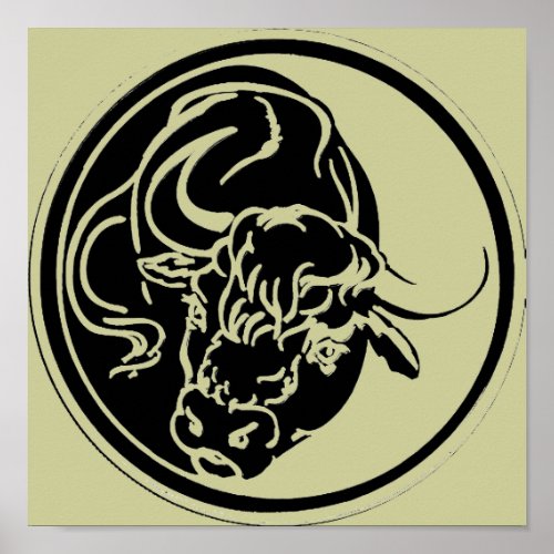 Black Bull Silhouette In Tribal Tattoo Style Poster