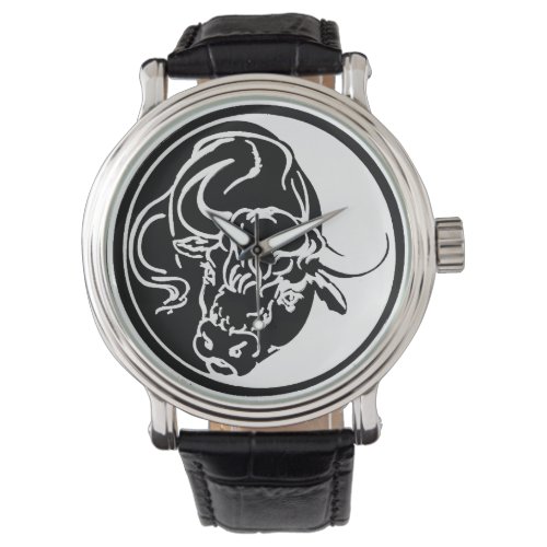 Black Bull Silhouette In Tribal Tattoo Style Watch