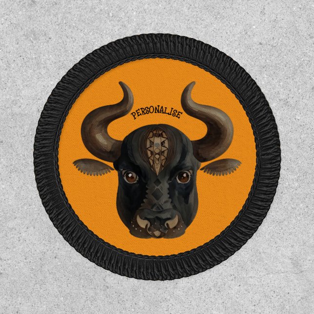Black Bull Taurus Zodiac Tribal Symbol Orange Patch (Front)