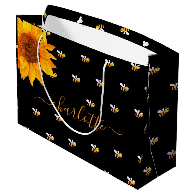 Black bumble bees rustic sunflower Bridal shower Large Gift Bag (Back Angled)