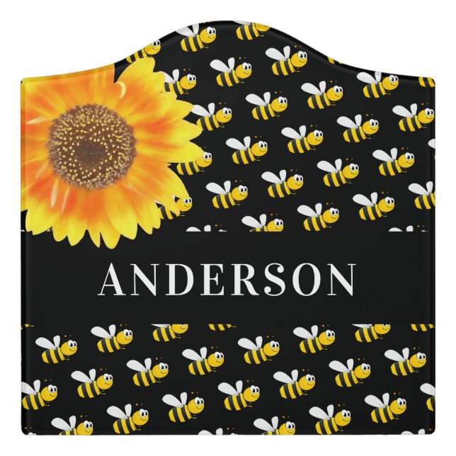 Black bumble bees sunflower family name door sign (Large Crest Front)