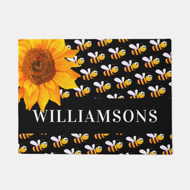 Black bumble bees sunflower family name doormat (Front)