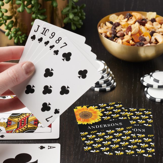 Black bumble bees sunflower family name poker cards (In Situ)