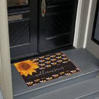 Black bumble bees sunflower monogram script doormat