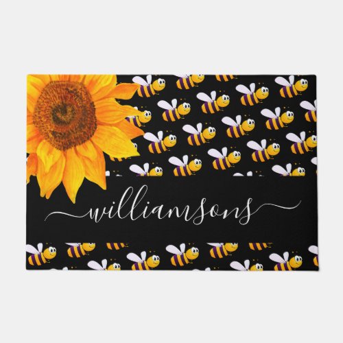 Black bumble bees sunflower monogram script doormat