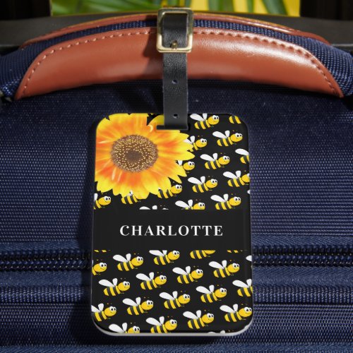 Black bumble bees sunflower name luggage tag