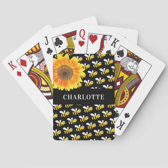 Black bumble bees sunflower name poker cards (Back)