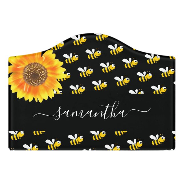 Black bumble bees sunflower name script door sign (Small Crest Front)