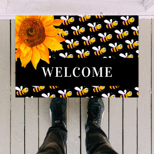 Yellow Sunflowers On A Blue Background Welcome Outdoor Door Mat