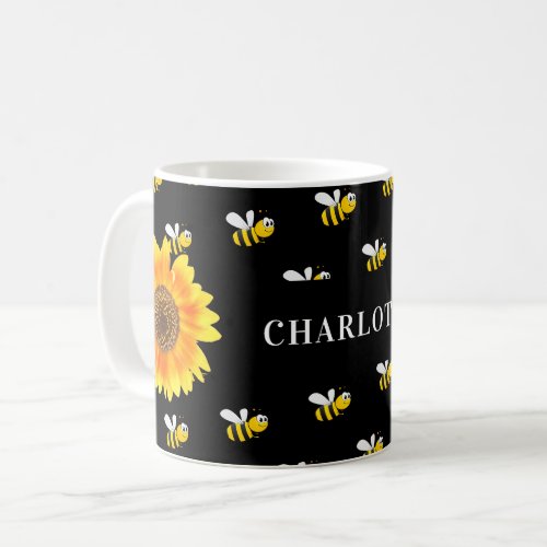 Black bumble bees yellow sunflowers name coffee mug