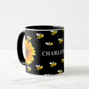 Black bumble bees yellow sunflowers name mug