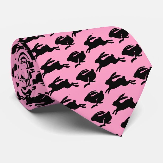 Black Bunnies Hopping Pink Easter Fashion Neck Tie (Rolled)