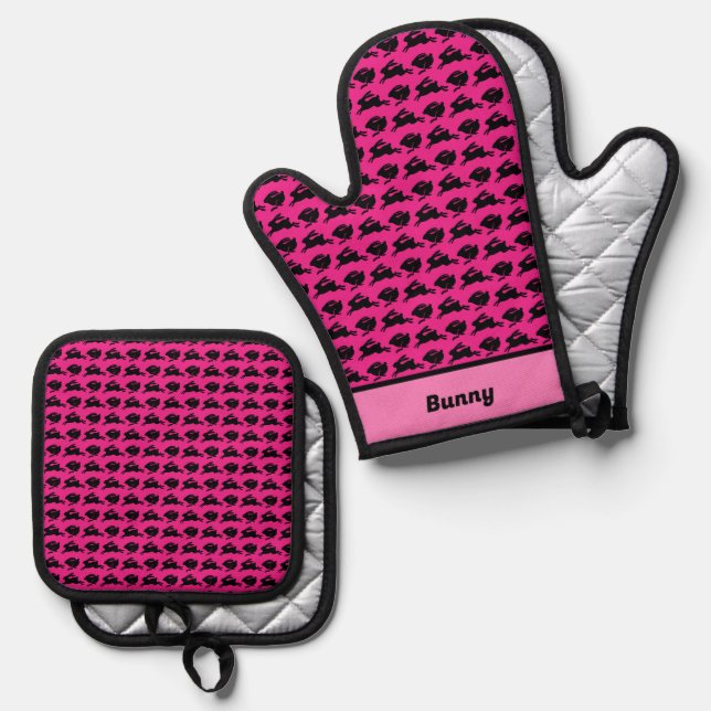 Black Bunnies on Pink Personalized Oven Mitt & Pot Holder Set (Front/Back)