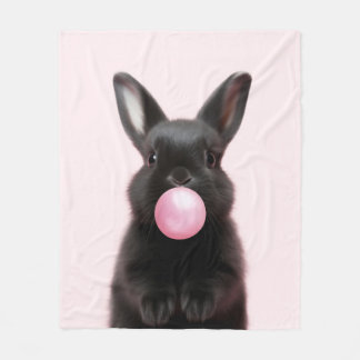 Black Bunny Blowing Pink Bubble Gum Cute Playful Fleece Blanket