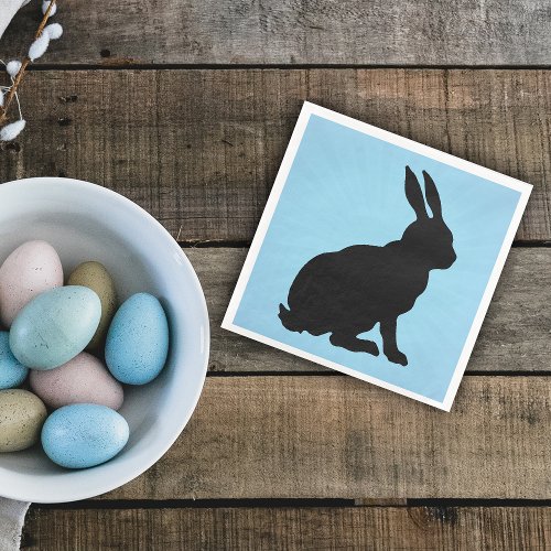 Black Bunny Silhouette Form Tall Ears on Blue Paper Dinner Napkins
