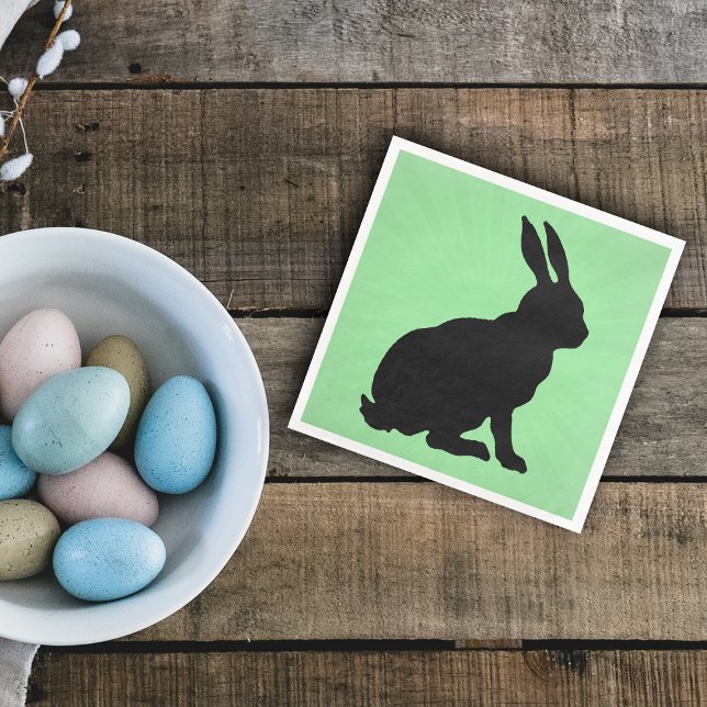 Black Bunny Silhouette Form Tall Ears on Green Paper Dinner Napkins (Black sitting bunny rabbit on green paper napkin for spring or Easter.)