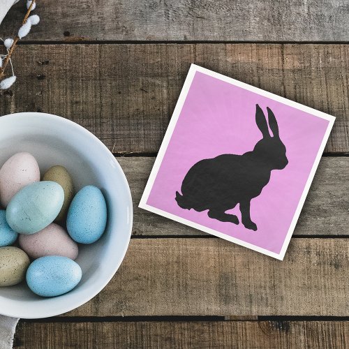 Black Bunny Silhouette Form Tall Ears on Pink Paper Dinner Napkins