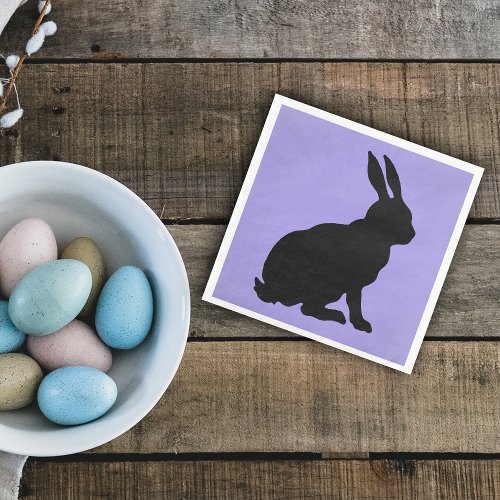 Black Bunny Silhouette Form Tall Ears on purple Paper Dinner Napkins