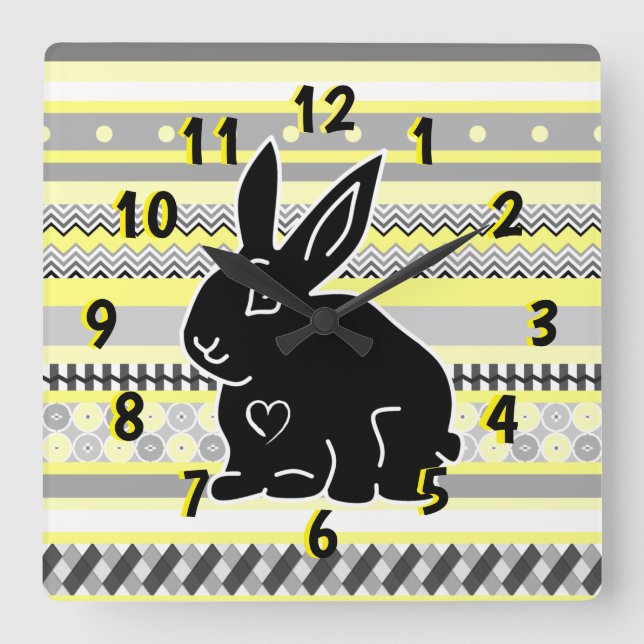 Black Bunny Silhouette on Yellow Gray Pattern Play Square Wall Clock (Front)
