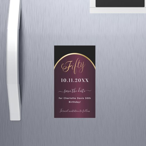 Black burgundy 50th birthday Save the Date magnet