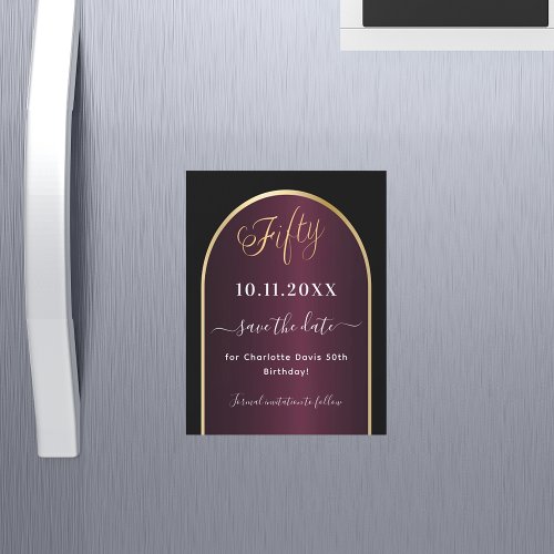 Black burgundy 50th birthday Save the Date magnet