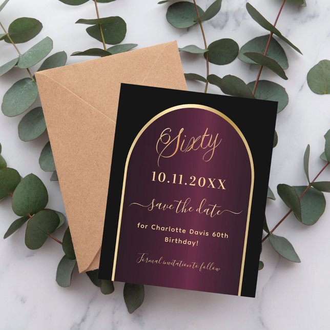 Black burgundy 60th birthday save the date card (Creator Uploaded)