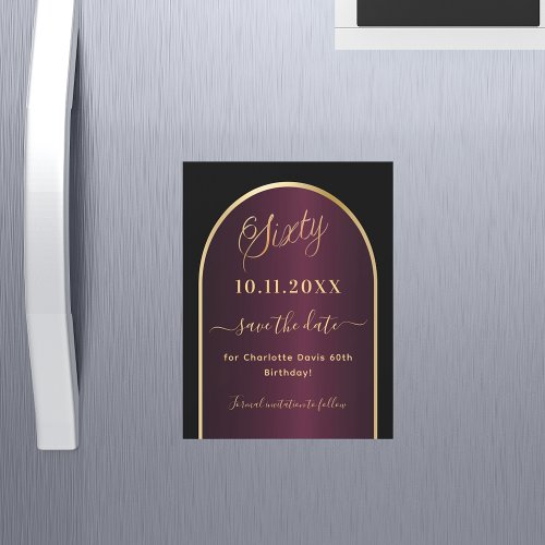 Black burgundy 60th birthday Save the Date magnet